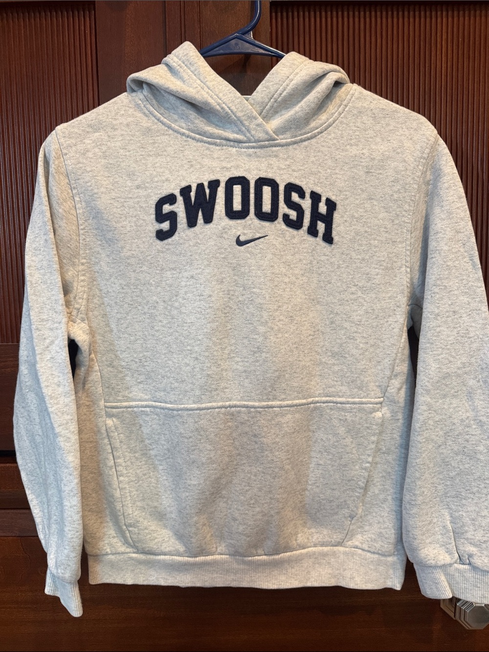 Kids Nike Light Gray ‘Swoosh’ Pullover Hoodie with Navy Logo